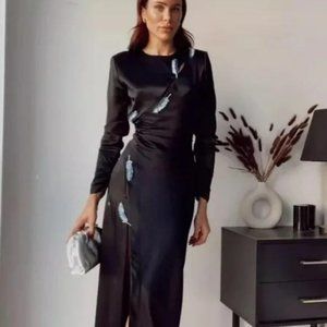ZARA LEAF PRINT SATIN MIDI DRESS WITH SLIT